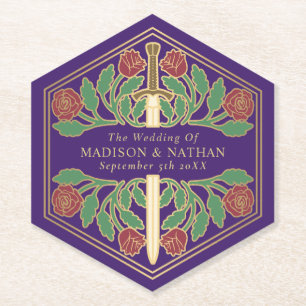 Dessous-de-verre En Papier Épée de mariage florale médiévale royale or violet