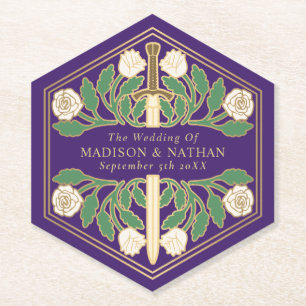 Dessous-de-verre En Papier Épée Fleurie Médiévale Royale Or Violet Mariage