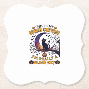 Dessous-de-verre En Papier Est Costume Humain Chat Noir Halloween Lune_1