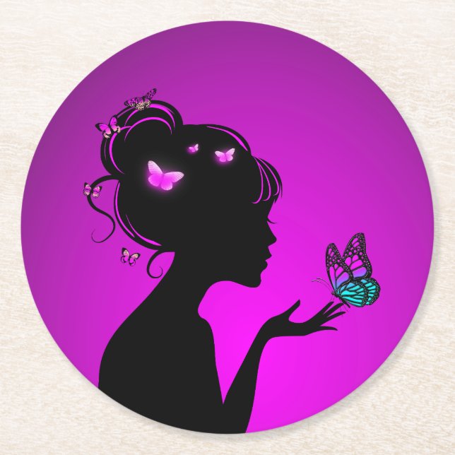 Dessous-de-verre En Papier Femme papillons violets (Devant)