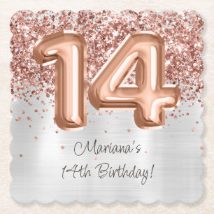 Dessous-de-verre En Papier Fête d'anniversaire de 14 ans Rose Gold Argent