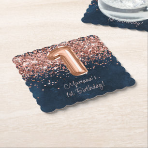 Dessous-de-verre En Papier Fête d'anniversaire de 1 an Rose Gold Navy Blue
