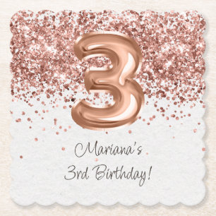 Dessous-de-verre En Papier Fête d'anniversaire de 3 ans Rose Gold
