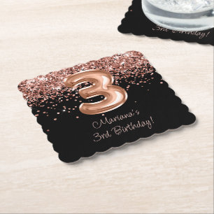 Dessous-de-verre En Papier Fête d'anniversaire de 3 ans Rose Gold Black