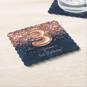Dessous-de-verre En Papier Fête d'anniversaire de 3 ans Rose Gold Navy Blue