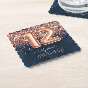 Dessous-de-verre En Papier Fête d'anniversaire Rose Gold Bleu Nuit 12 ans