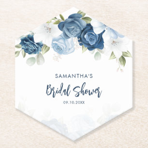 Dessous-de-verre En Papier Fête de mariage Floral Bleu Poussiéreux Aquarelle