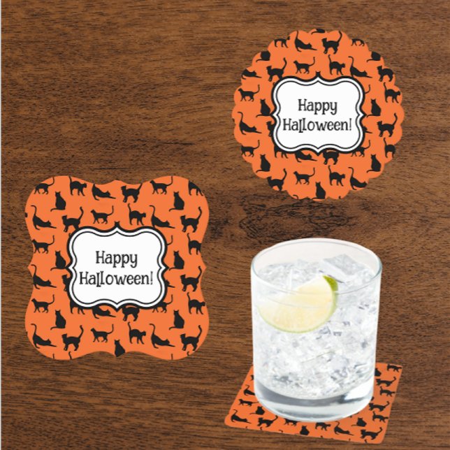 Dessous-de-verre En Papier Fête d'Halloween personnalisée Chat noir orange (Personalize with your own message coasters)