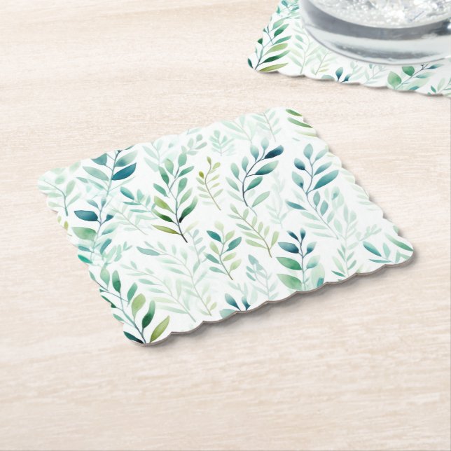Dessous-de-verre En Papier Feuilles blancs verts (Incliné)