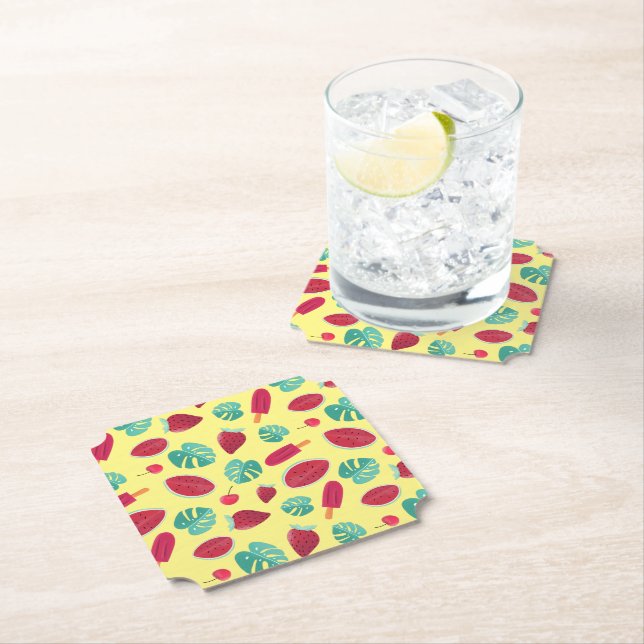 Dessous-de-verre En Papier Feuilles de pavot, cerise, fraise et pastèque (En situation)