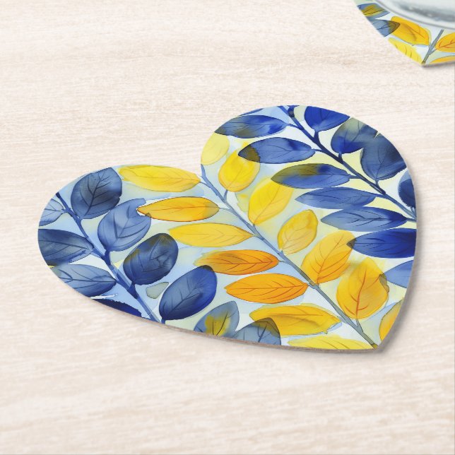 Dessous-de-verre En Papier Feuilles jaune et bleu (Incliné)