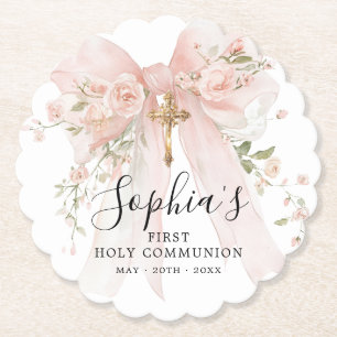 Dessous-de-verre En Papier Fille de première communion Ruban rose personnalis