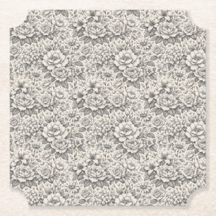 Dessous-de-verre En Papier Fleurs Classiques Gravées Noir Charbon et Blanc