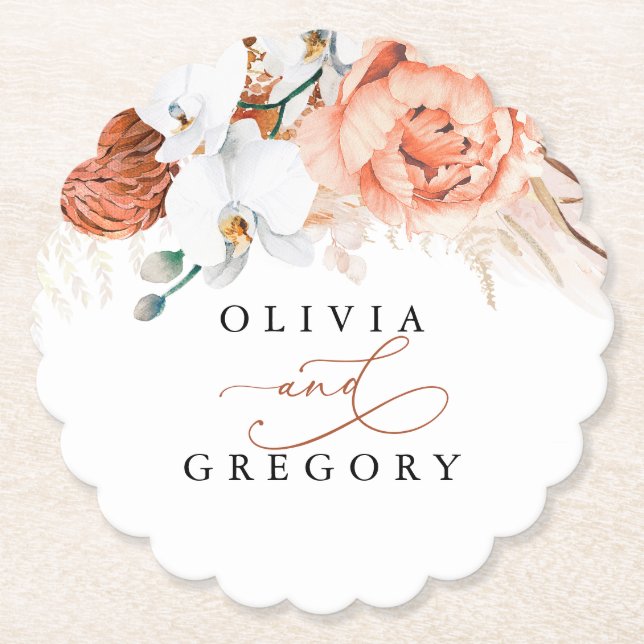 Dessous-de-verre En Papier Fleurs de Terracotta Herbe de Pampas Élégant Tropi (Devant)