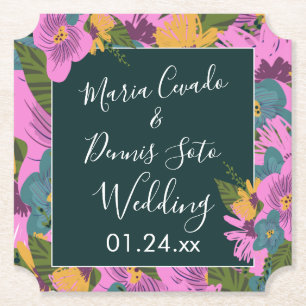 Dessous-de-verre En Papier Fleurs dessinées à la main Mariage vert rose gras 