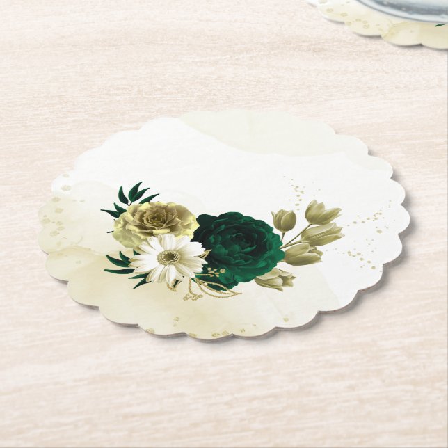 Dessous-de-verre En Papier fleurs Extraordinaires en ivoire vert émeraude (Incliné)