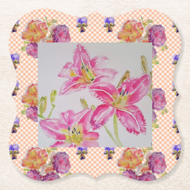 Dessous-de-verre En Papier Fleurs florales Shabby Chic rose Lily En vichy Ros (Devant)