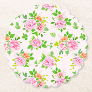 Dessous-de-verre En Papier Fleurs roses Vert Feuille Motif-23656
