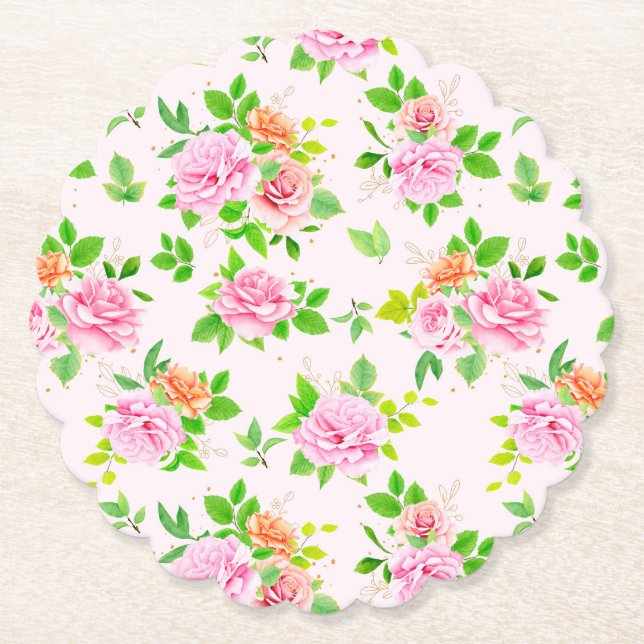 Dessous-de-verre En Papier Fleurs roses Vert Feuille Motif-23656 (Devant)