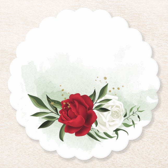 Dessous-de-verre En Papier Fleurs rouges et blanches verdure (Devant)