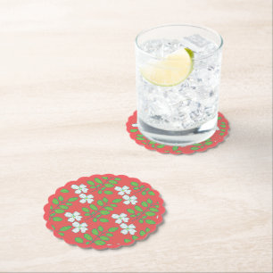 Dessous-de-verre En Papier Fleurs rouges, fleurs blanches et feuilles vertes