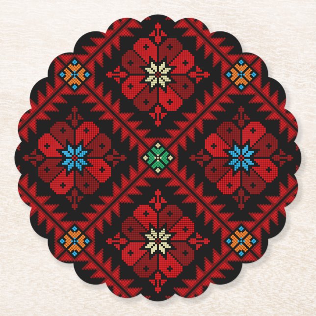 Dessous-de-verre En Papier Fleurs rouges Palestine Broderie tatreez Motif (Devant)