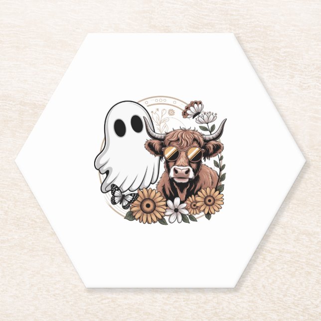 Dessous-de-verre En Papier Floral Automne Highland Cow Ghost (Devant)