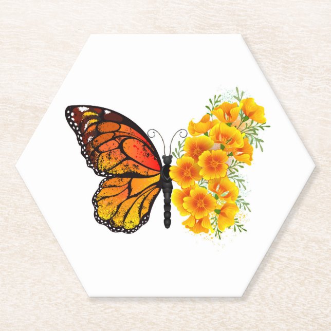 Dessous-de-verre En Papier Flower Butterfly with Yellow California Poppy (Devant)