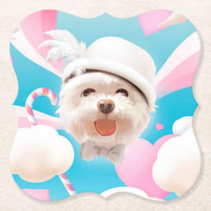 Dessous-de-verre En Papier Fluffy Dog avec Casquette blanc