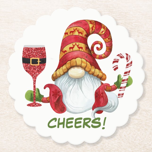 Dessous-de-verre En Papier Gnome Fête de Noël Cheers Beverage Coaster (Devant)