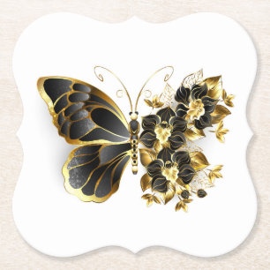 Dessous-de-verre En Papier Gold flower Butterfly with Black Orchid
