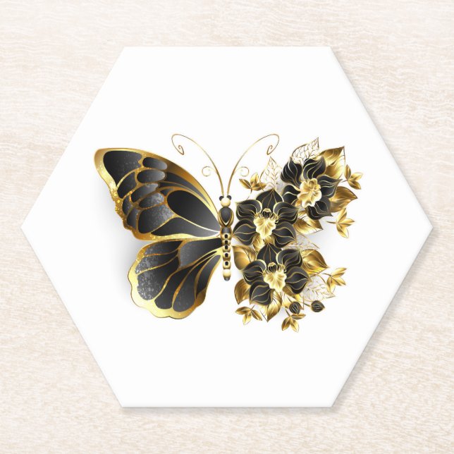 Dessous-de-verre En Papier Gold flower Butterfly with Black Orchid (Devant)