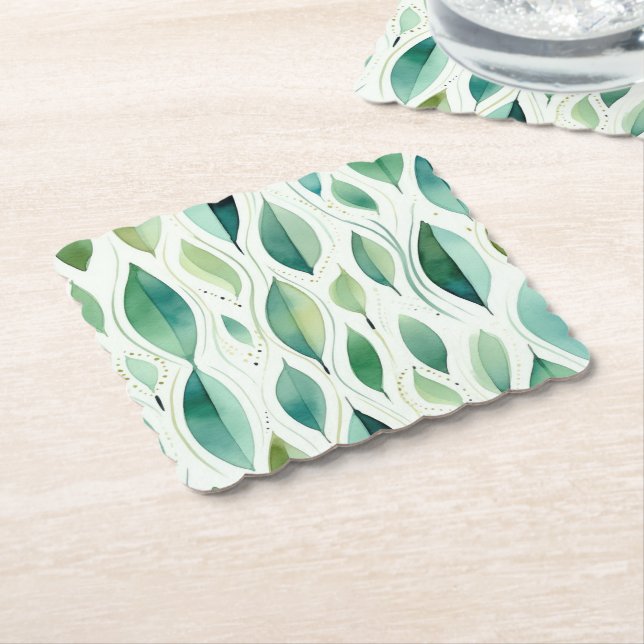 Dessous-de-verre En Papier Green Glam Gold Feuilles Abstrait (Incliné)
