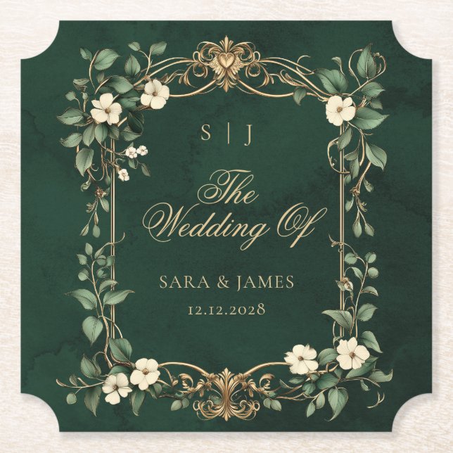 Dessous-de-verre En Papier Green Gold Art Nouveau Enchanted Wedding (Devant)