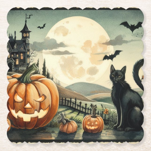 Dessous-de-verre En Papier Halloween/Automne/Automne/citrouille/chat (Devant)