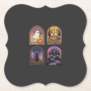 Dessous-de-verre En Papier Halloween Gothique Fenêtre Fantôme Citrouille Chat