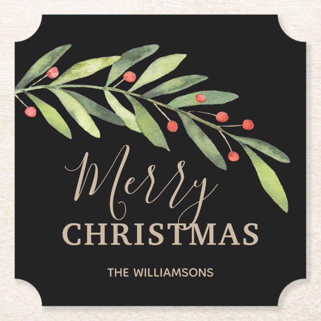Dessous-de-verre En Papier Holly et Berries sur Black Joyer Noël (Devant)