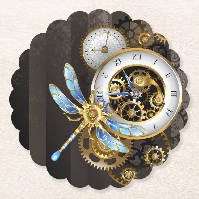 Dessous-de-verre En Papier Horloge à vapeur avec libellule mécanique (Devant)