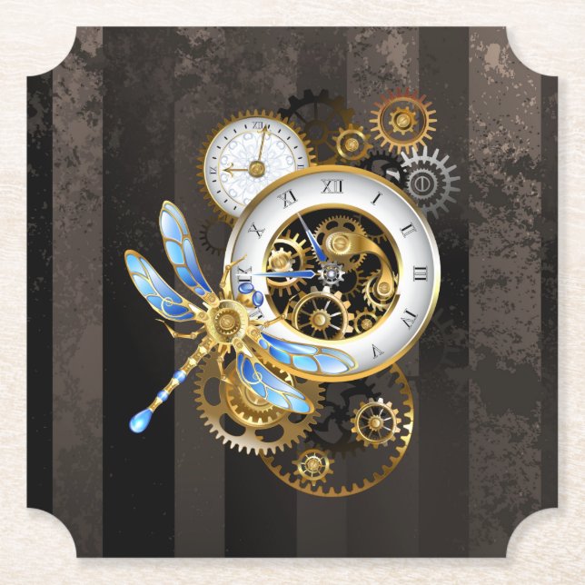 Dessous-de-verre En Papier Horloge à vapeur avec libellule mécanique (Devant)