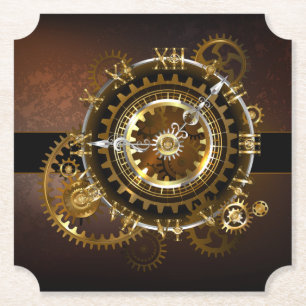 Dessous-de-verre En Papier Horloge Steampunk avec des engrenages anciens