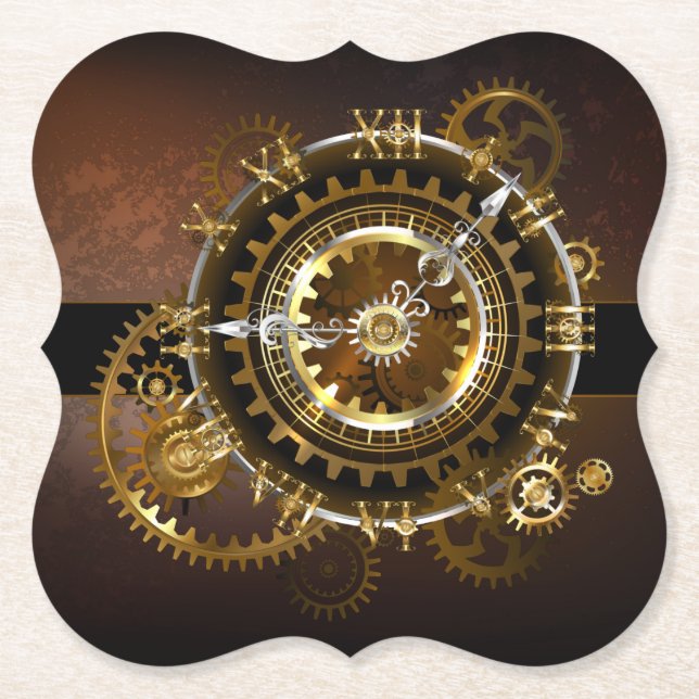 Dessous-de-verre En Papier Horloge Steampunk avec des engrenages anciens (Devant)