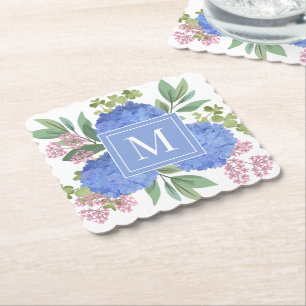 Dessous-de-verre En Papier Hydrangée bleue Bouquet moderne Monogramme personn