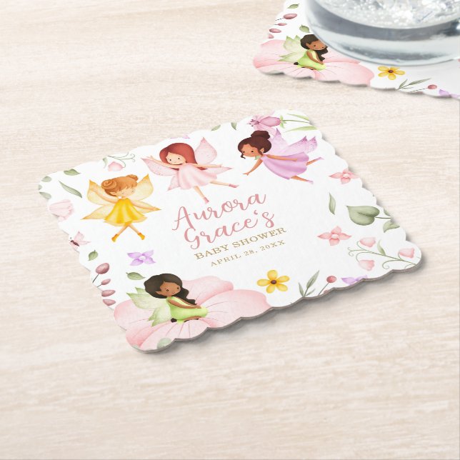 Dessous-de-verre En Papier Jardin enchanté fée magique Baby shower rose (Incliné)