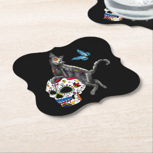 Dessous-de-verre En Papier Jour De La Morte Chat Crâne Sucre Et Papillon