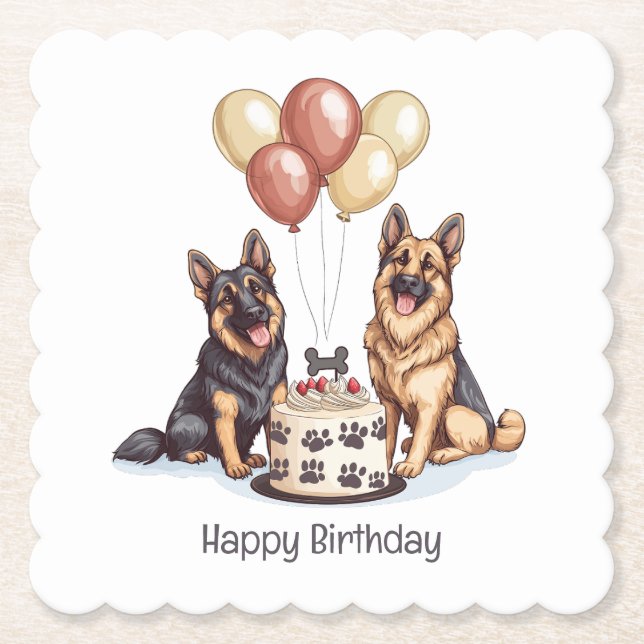 Dessous-de-verre En Papier Joyeux Anniversaire Chiens berger allemands Gâteau (Devant)