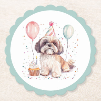 Dessous-de-verre En Papier Joyeux Anniversaire Gâteau Cupcake Chiens Shih Tzu