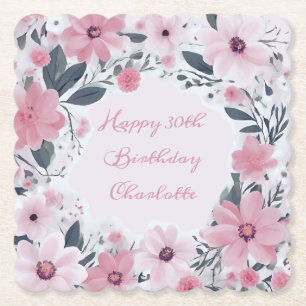 Dessous-de-verre En Papier Joyeux Anniversaire Nom Pastel Pink Flowers Flor