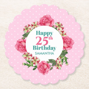 Dessous-de-verre En Papier Joyeux Anniversaire Rose Rouge Blanc Pétunia Polka