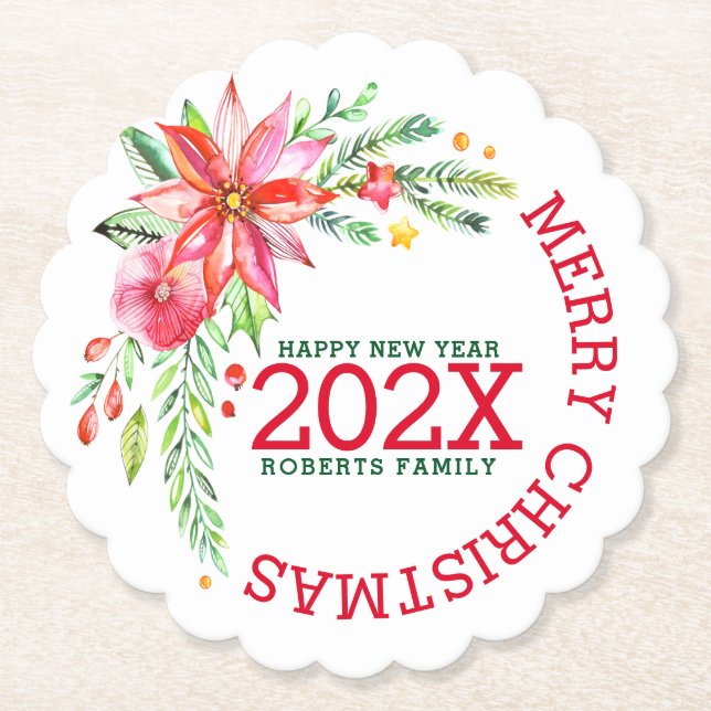 Dessous-de-verre En Papier Joyeux Bouquet Fleurs de Noël Bonne année (Devant)