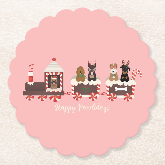 Dessous-de-verre En Papier Joyeux Pawlidays Chien Noël Train de vacances (Devant)